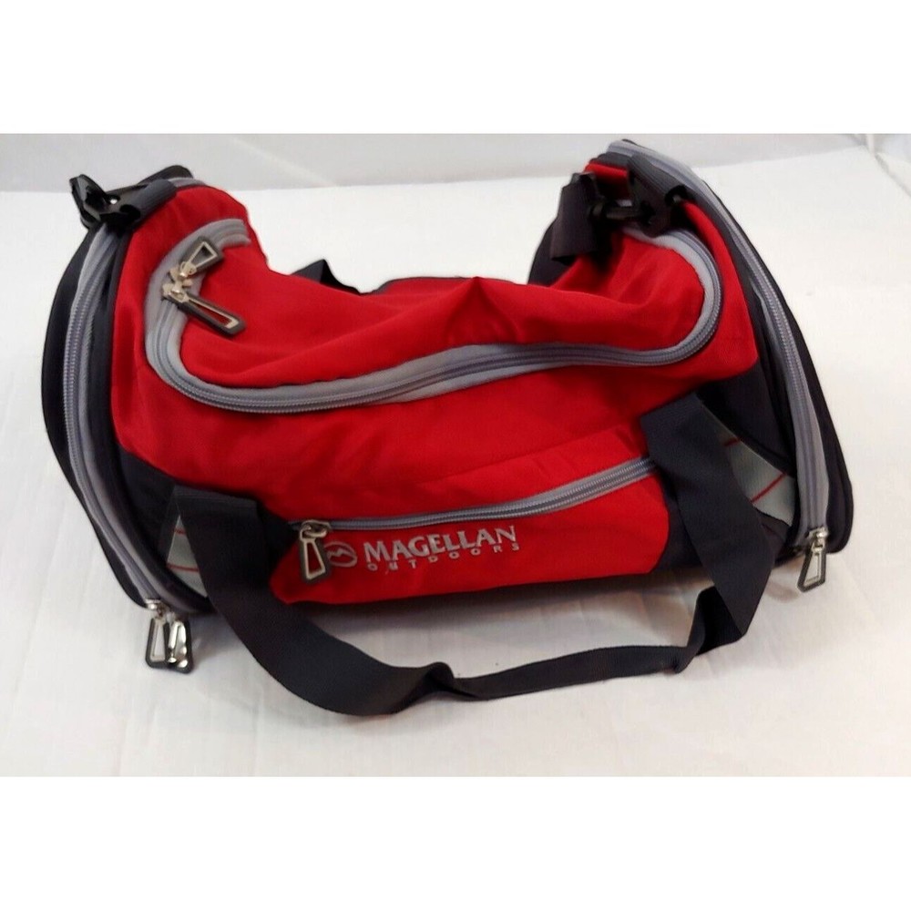 Magellan Outdoors Duffel Gym Bag Red Gray Black Crossbody Strap Travel - Picture 2 of 6